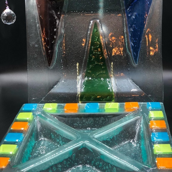 1980s Vintage Heavy Bubble Glass Serving Platter. Colourful Glass Mosaic Squares - Picture 6 of 6